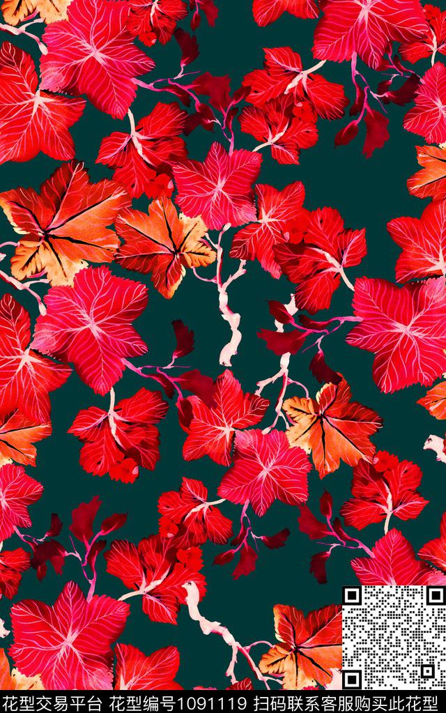 中老年复古绿植树叶数码印花华亿平台下载（图片编号: 1091119） - 瓦栏（Walan）