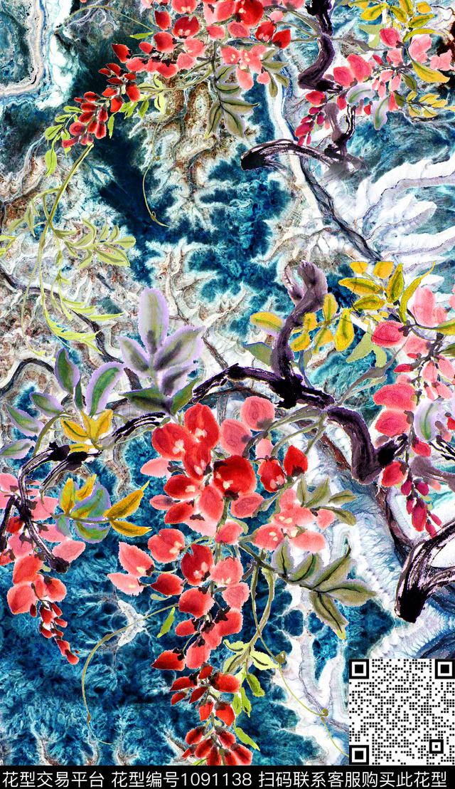 花卉中国风水墨风数码印花华亿平台下载（图片编号: 1091138） - 瓦栏（Walan）