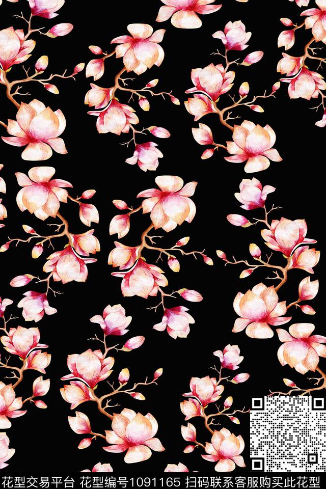 数码华亿平台黑底花卉民族风数码印花华亿平台下载（图片编号: 1091165） - 瓦栏（Walan）