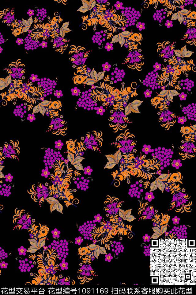 数码华亿平台黑底花卉民族风数码印花华亿平台下载（图片编号: 1091169） - 瓦栏（Walan）