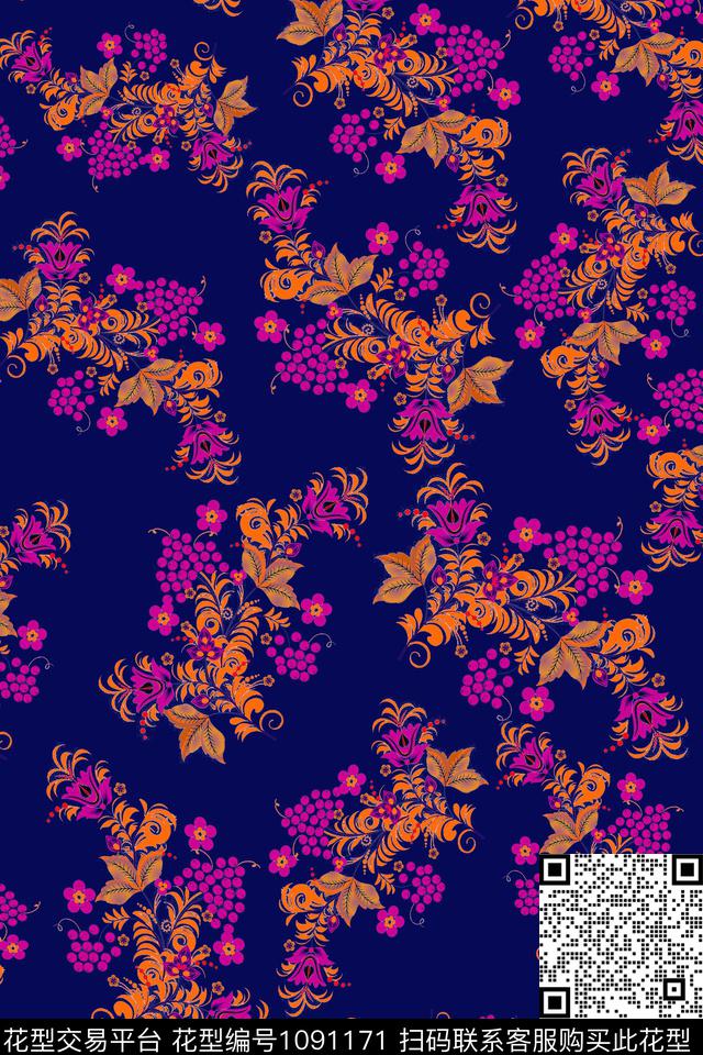数码华亿平台黑底花卉民族风数码印花华亿平台下载（图片编号: 1091171） - 瓦栏（Walan）