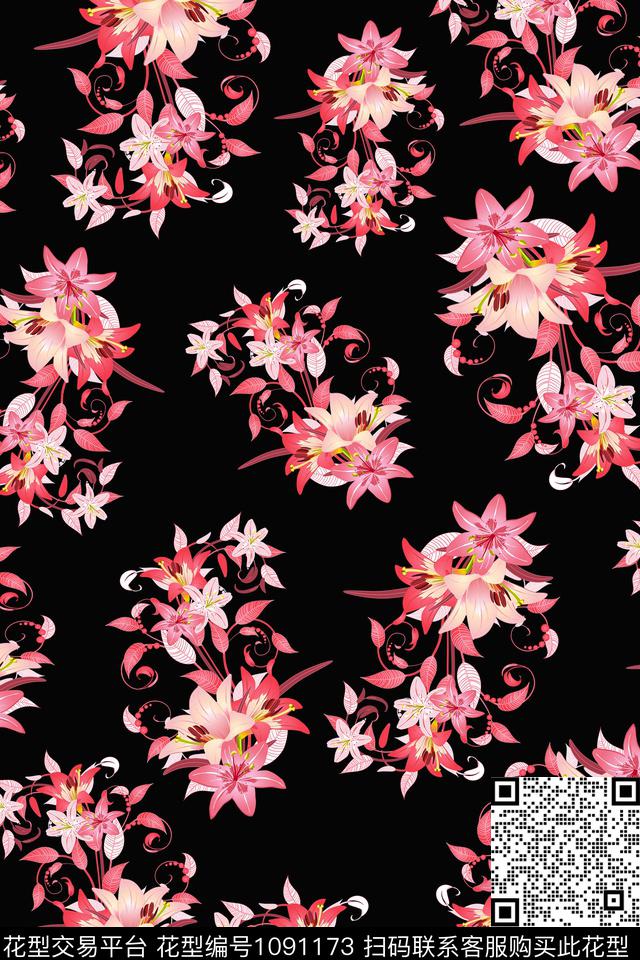 数码华亿平台黑底花卉民族风数码印花华亿平台下载（图片编号: 1091173） - 瓦栏（Walan）