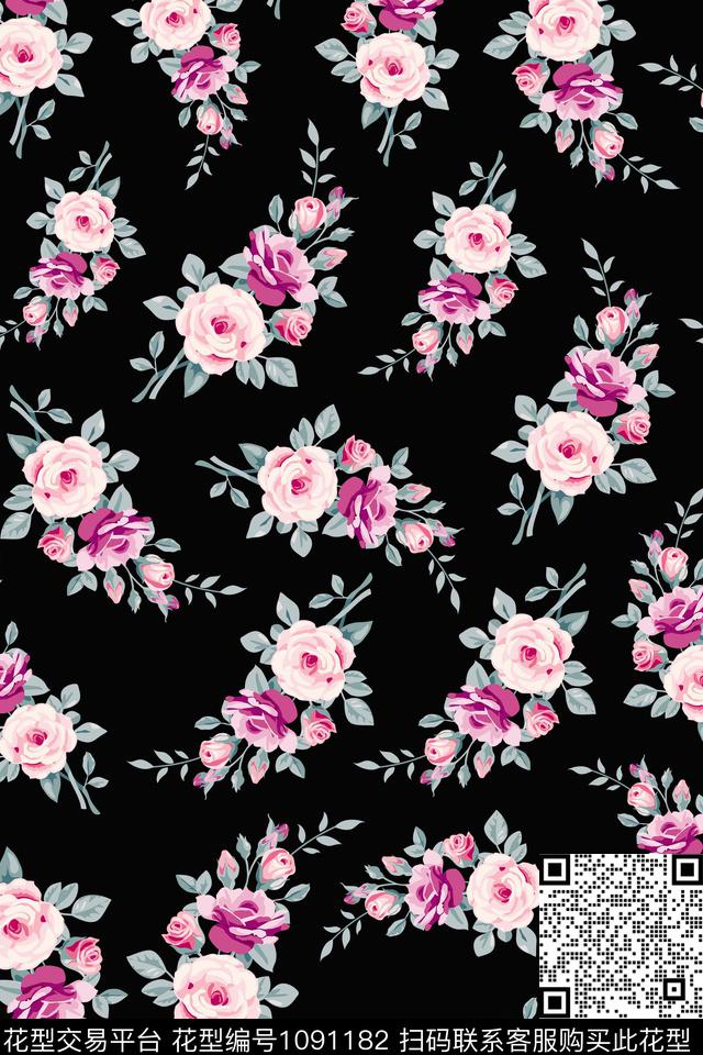 数码华亿平台黑底花卉民族风数码印花华亿平台下载（图片编号: 1091182） - 瓦栏（Walan）