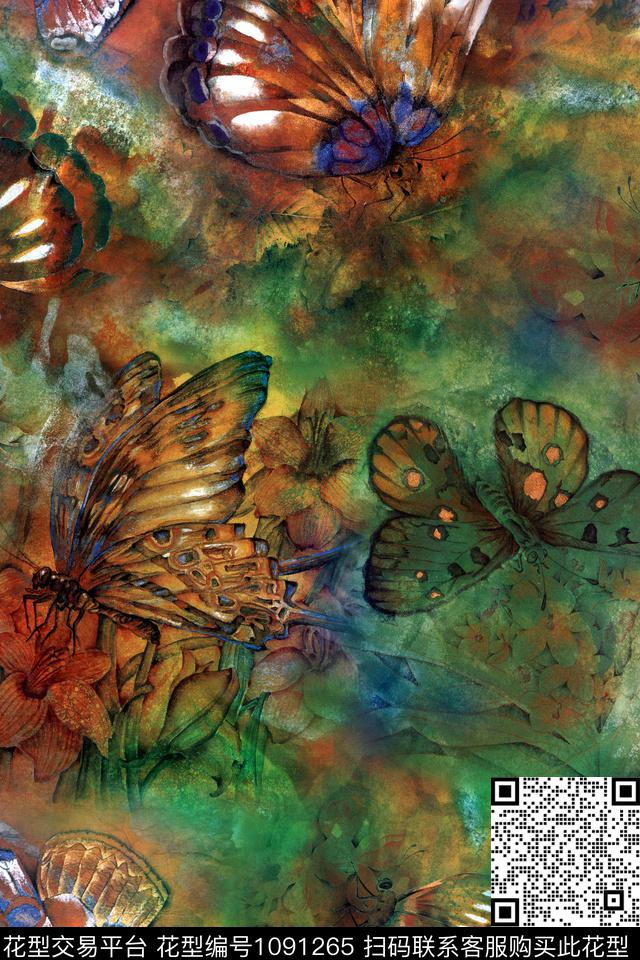 蝴蝶水彩花卉数码印花华亿平台下载（图片编号: 1091265） - 瓦栏（Walan）