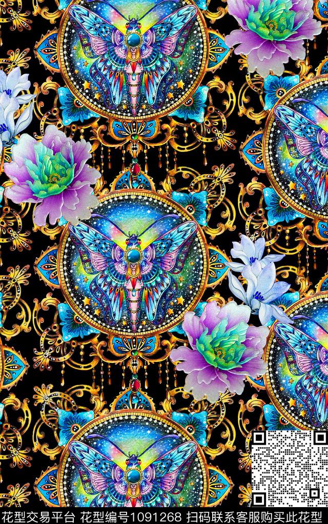 花卉牡丹蝴蝶数码印花华亿平台下载（图片编号: 1091268） - 瓦栏（Walan）