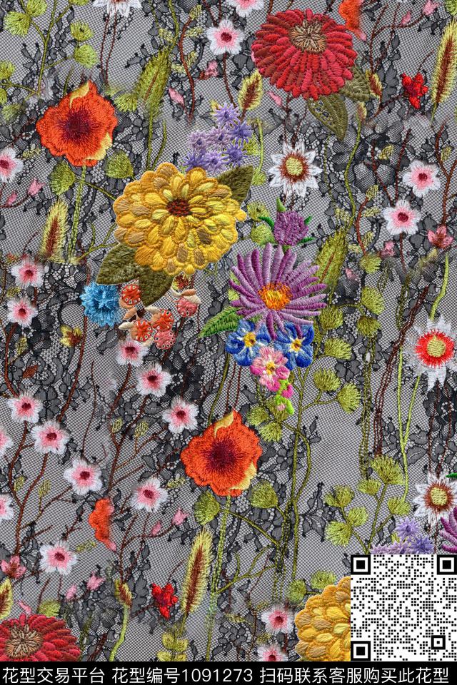 花卉绣花华亿平台网布蕾丝数码印花华亿平台下载（图片编号: 1091273） - 瓦栏（Walan）
