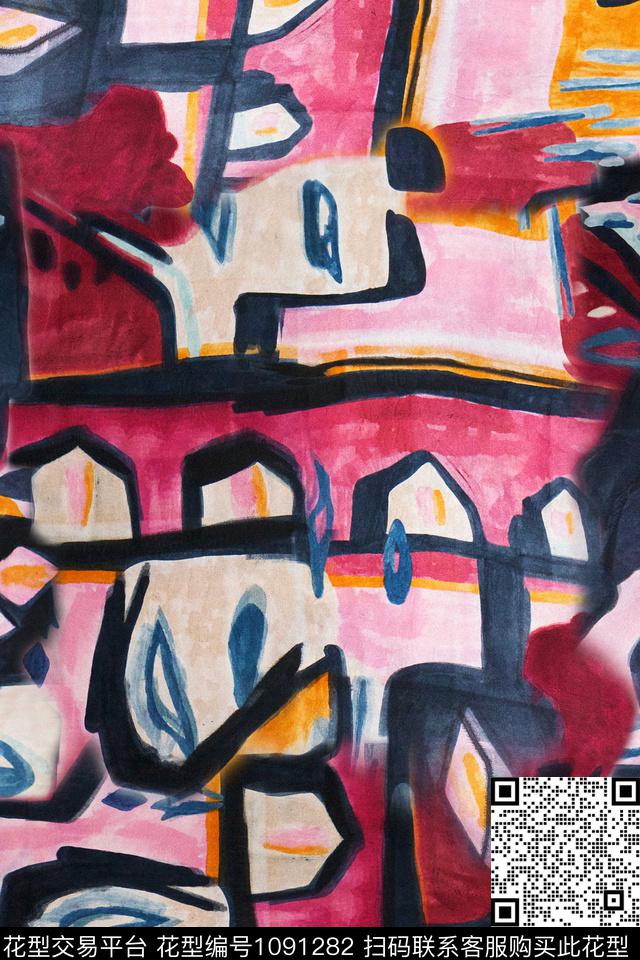 绘画抽象棉麻印花数码印花华亿平台下载（图片编号: 1091282） - 瓦栏（Walan）