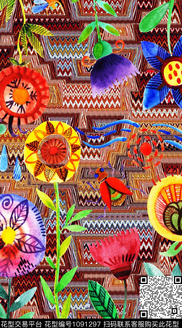 数码华亿平台民族风花卉数码印花华亿平台下载（图片编号: 1091297） - 瓦栏（Walan）