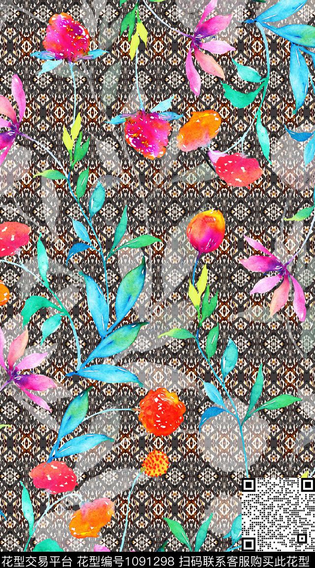 数码华亿平台民族风花卉数码印花华亿平台下载（图片编号: 1091298） - 瓦栏（Walan）