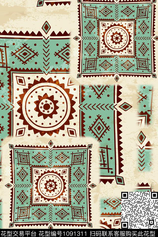 民族风几何复古数码印花华亿平台下载（图片编号: 1091311） - 瓦栏（Walan）