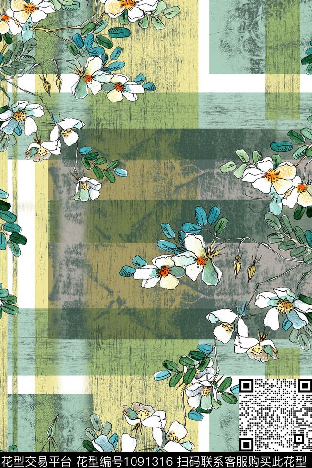 花卉格子清爽底花卉数码印花华亿平台下载（图片编号: 1091316） - 瓦栏（Walan）
