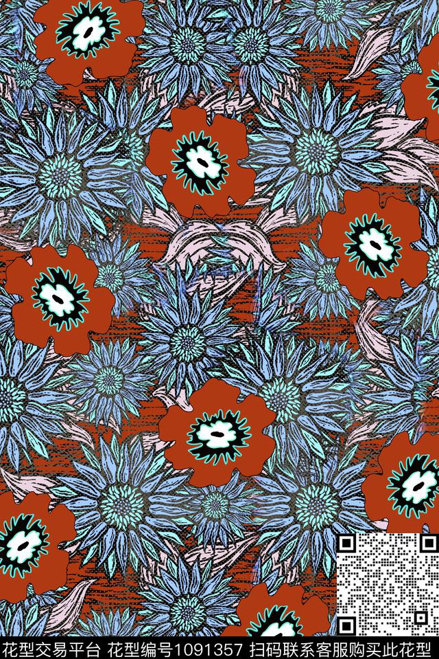 花卉向日葵复古数码印花华亿平台下载（图片编号: 1091357） - 瓦栏（Walan）