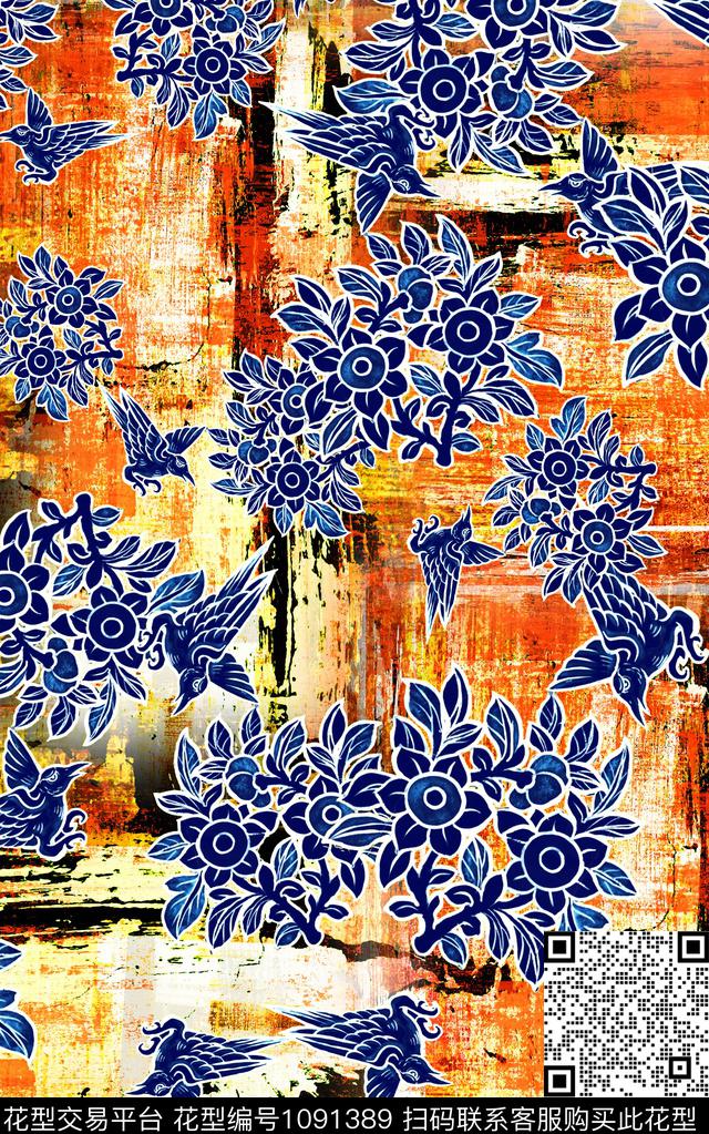肌理线条花卉数码印花华亿平台下载（图片编号: 1091389） - 瓦栏（Walan）