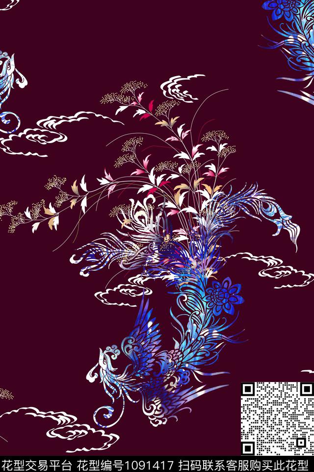 中国风复古凤凰数码印花华亿平台下载（图片编号: 1091417） - 瓦栏（Walan）
