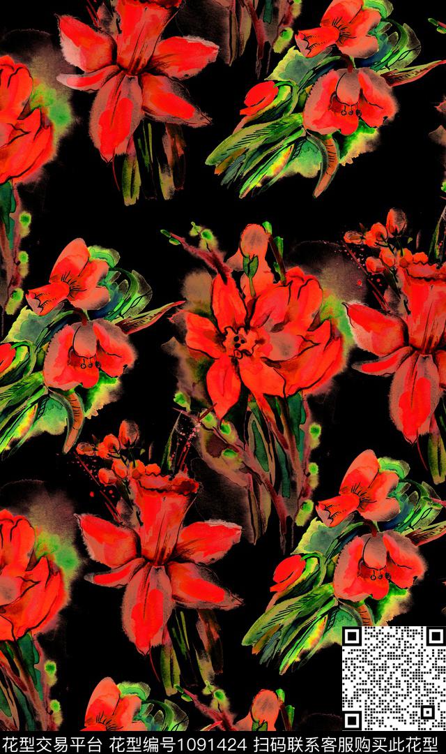 花卉大牌风手绘花卉数码印花华亿平台下载（图片编号: 1091424） - 瓦栏（Walan）