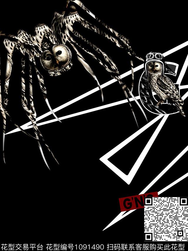 蜘蛛猫头鹰线条数码印花华亿平台下载（图片编号: 1091490） - 瓦栏（Walan）