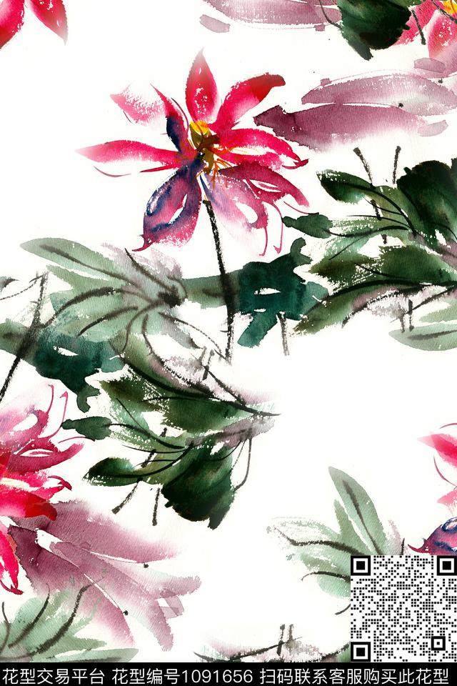 手绘花卉花卉女装数码印花华亿平台下载（图片编号: 1091656） - 瓦栏（Walan）