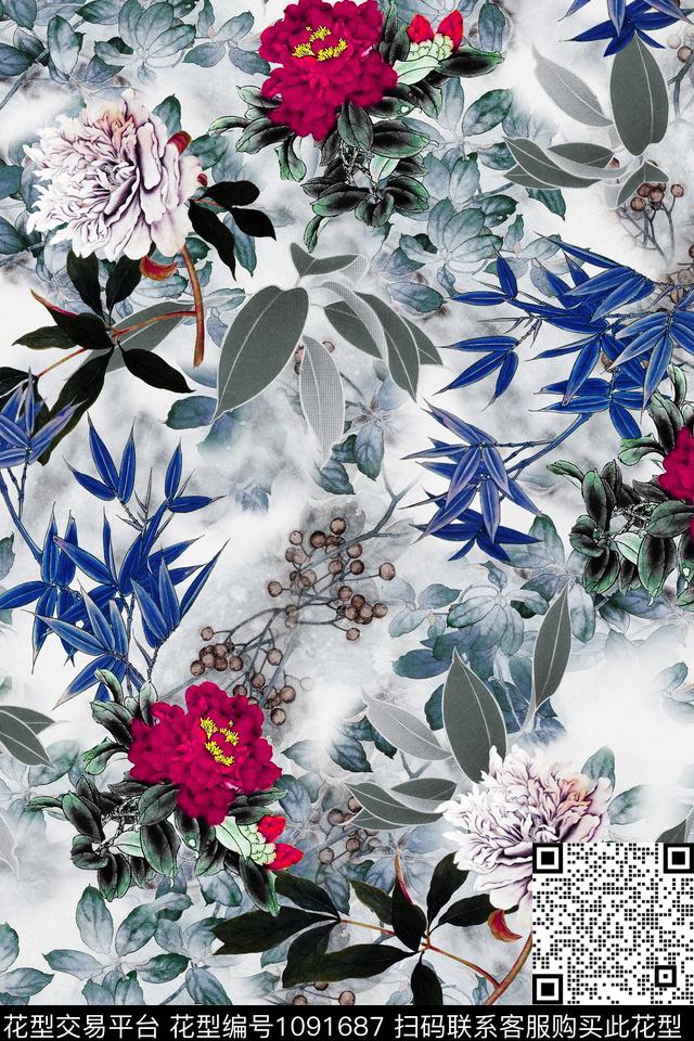 花卉女装中国风数码印花华亿平台下载（图片编号: 1091687） - 瓦栏（Walan）