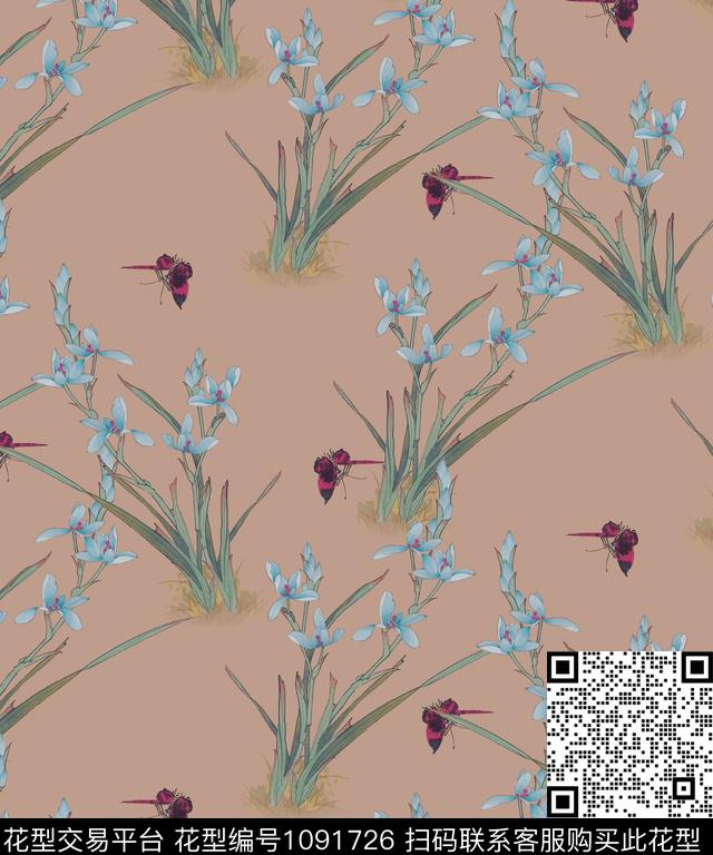 淑女兰花蝴蝶数码印花华亿平台下载（图片编号: 1091726） - 瓦栏（Walan）