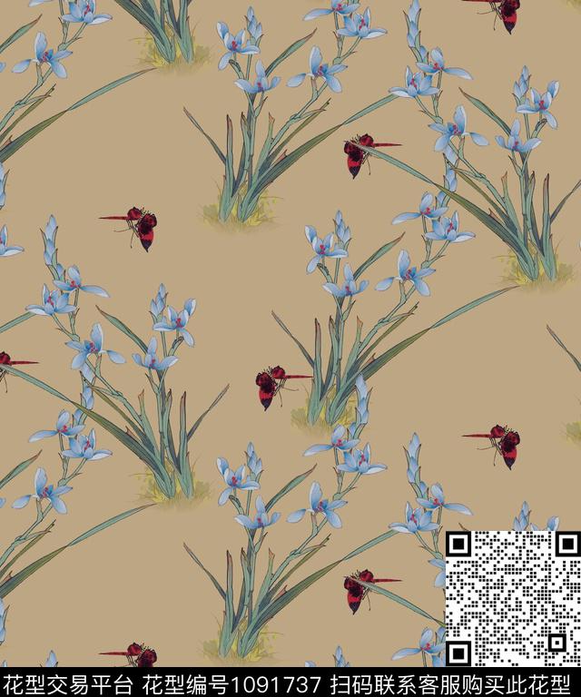 淑女兰花蝴蝶数码印花华亿平台下载（图片编号: 1091737） - 瓦栏（Walan）