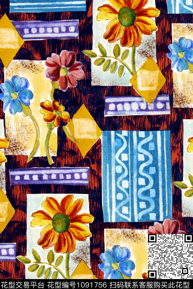 花卉几何纹理数码印花华亿平台下载（图片编号: 1091756） - 瓦栏（Walan）