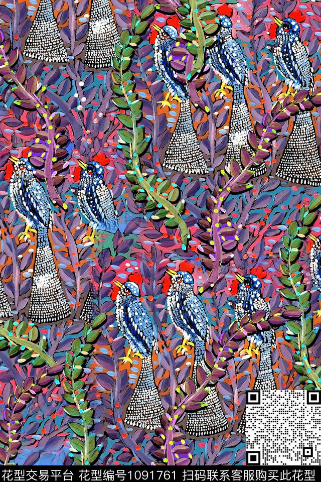 鸟休闲树枝数码印花华亿平台下载（图片编号: 1091761） - 瓦栏（Walan）