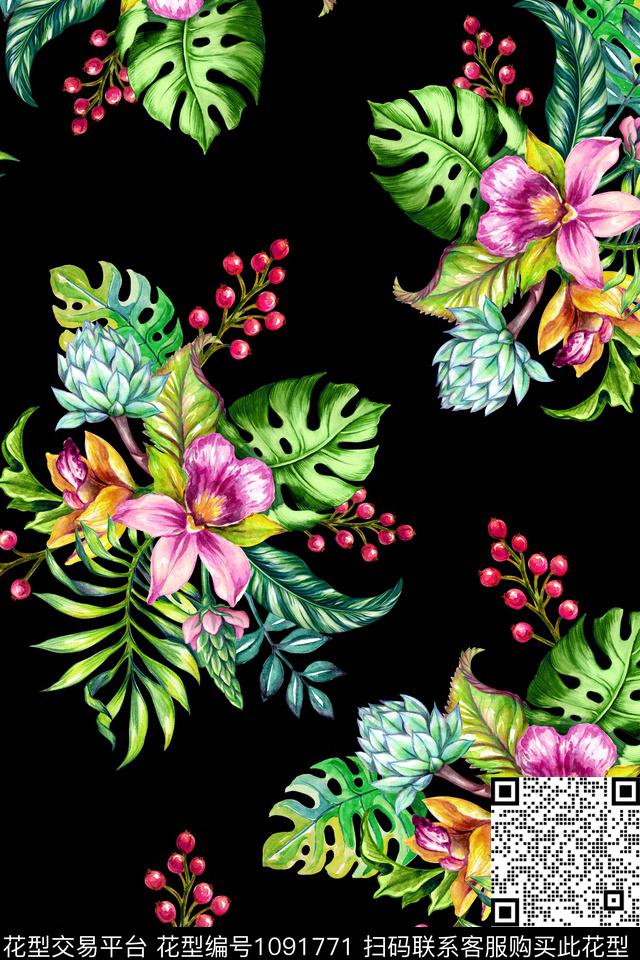 花卉热带华亿平台手绘花卉数码印花华亿平台下载（图片编号: 1091771） - 瓦栏（Walan）