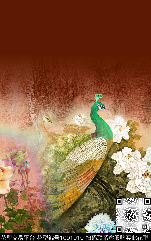 中国风定位花孔雀国画数码印花华亿平台下载（图片编号: 1091910） - 瓦栏（Walan）