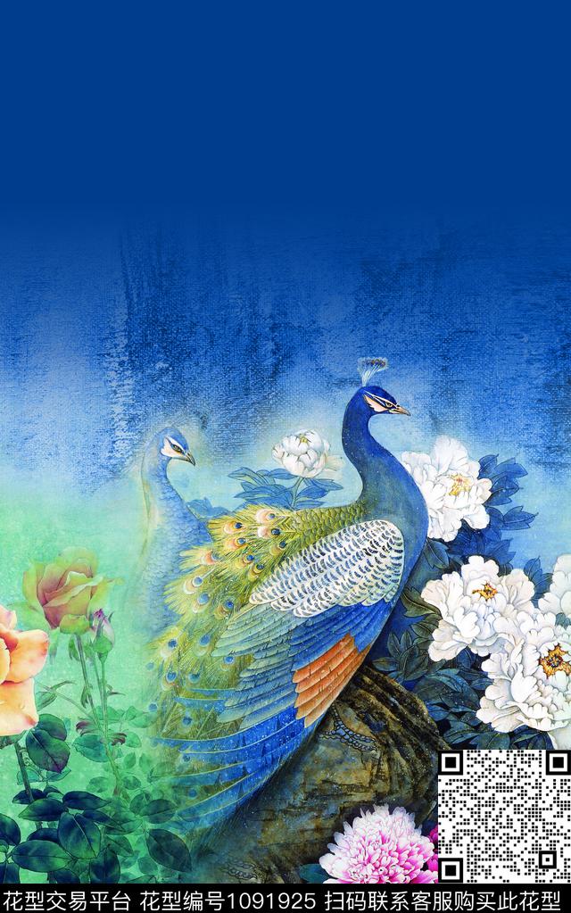 中国风定位花孔雀国画数码印花华亿平台下载（图片编号: 1091925） - 瓦栏（Walan）