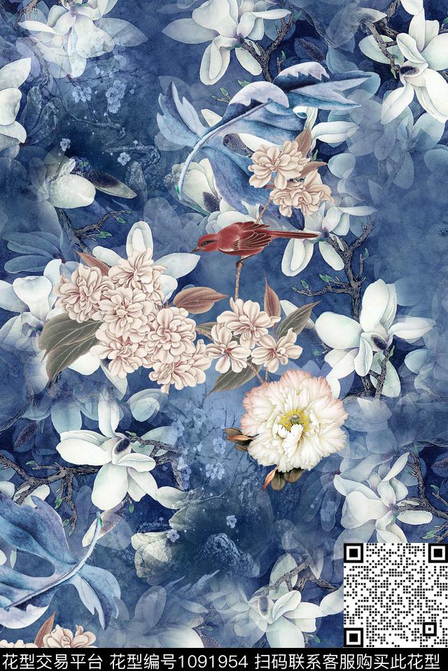 素雅花卉中国风数码印花华亿平台下载（图片编号: 1091954） - 瓦栏（Walan）