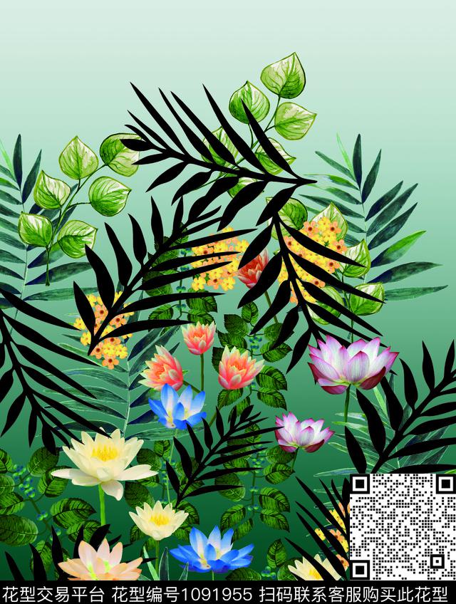 印花荷花绿植树叶数码印花华亿平台下载（图片编号: 1091955） - 瓦栏（Walan）