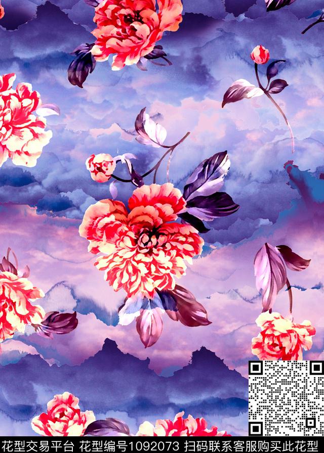 抽象水彩花卉花卉数码印花华亿平台下载（图片编号: 1092073） - 瓦栏（Walan）