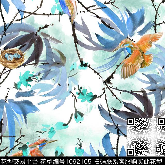 水彩花卉花鸟清爽底花卉数码印花华亿平台下载（图片编号: 1092105） - 瓦栏（Walan）