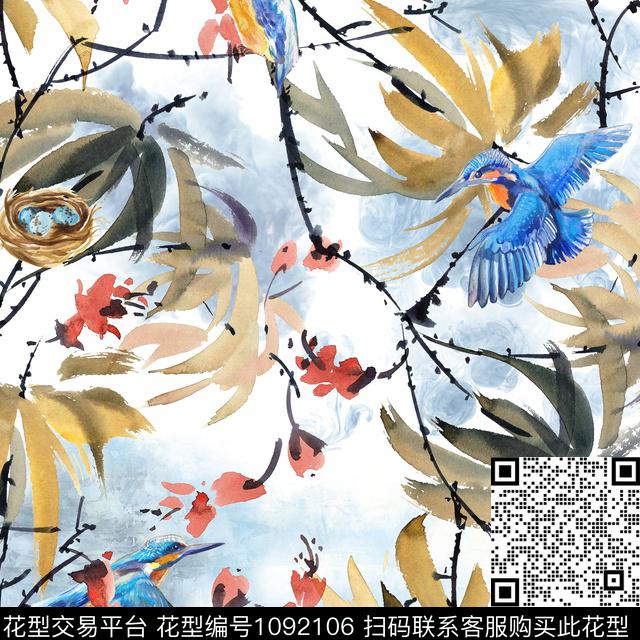 水彩花卉花鸟清爽底花卉数码印花华亿平台下载（图片编号: 1092106） - 瓦栏（Walan）