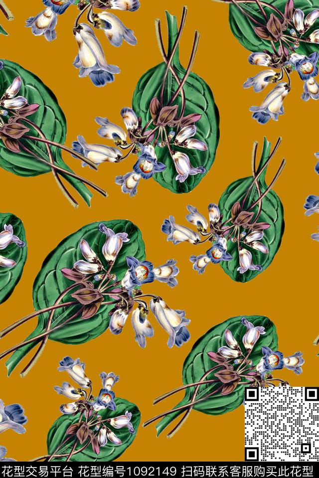 手绘花卉女装绿植树叶数码印花华亿平台下载（图片编号: 1092149） - 瓦栏（Walan）