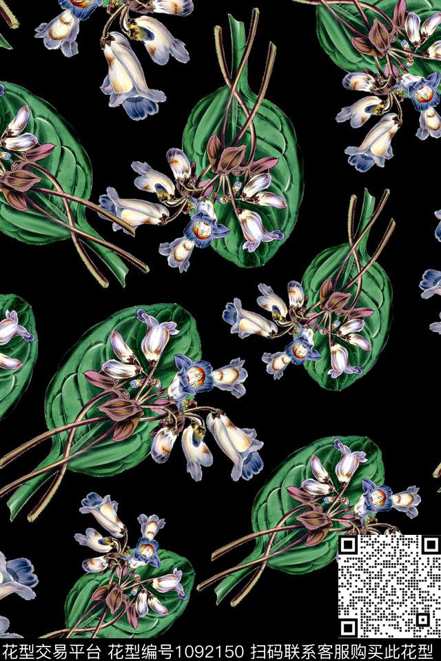 手绘花卉女装绿植树叶数码印花华亿平台下载（图片编号: 1092150） - 瓦栏（Walan）
