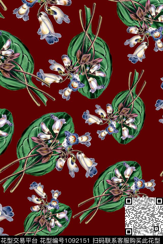 手绘花卉女装绿植树叶数码印花华亿平台下载（图片编号: 1092151） - 瓦栏（Walan）