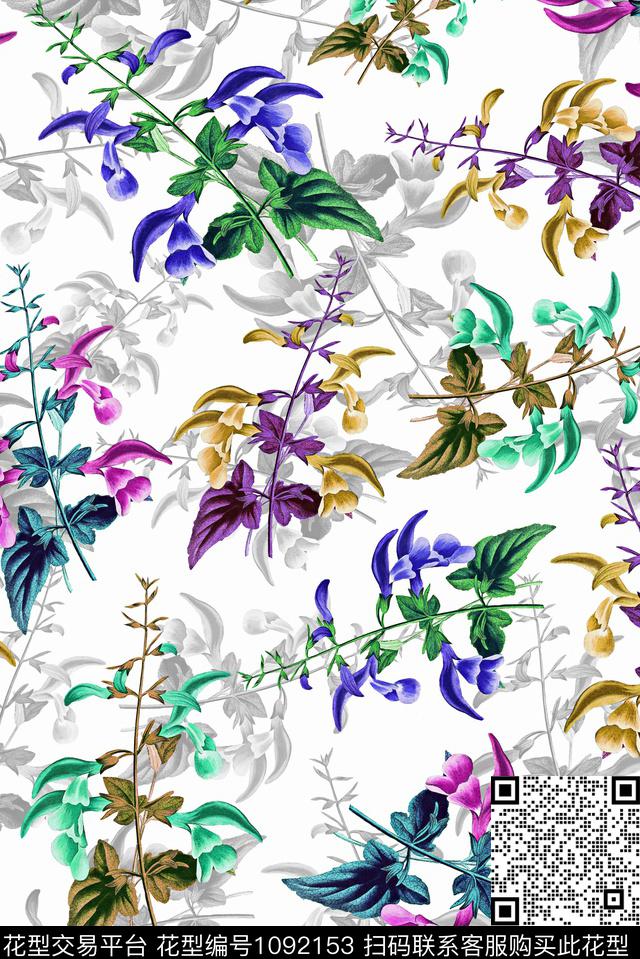 手绘花卉花卉女装数码印花华亿平台下载（图片编号: 1092153） - 瓦栏（Walan）