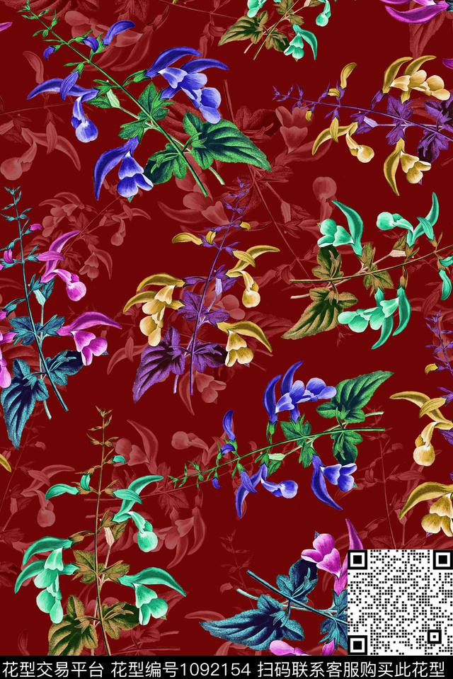 手绘花卉花卉女装数码印花华亿平台下载（图片编号: 1092154） - 瓦栏（Walan）