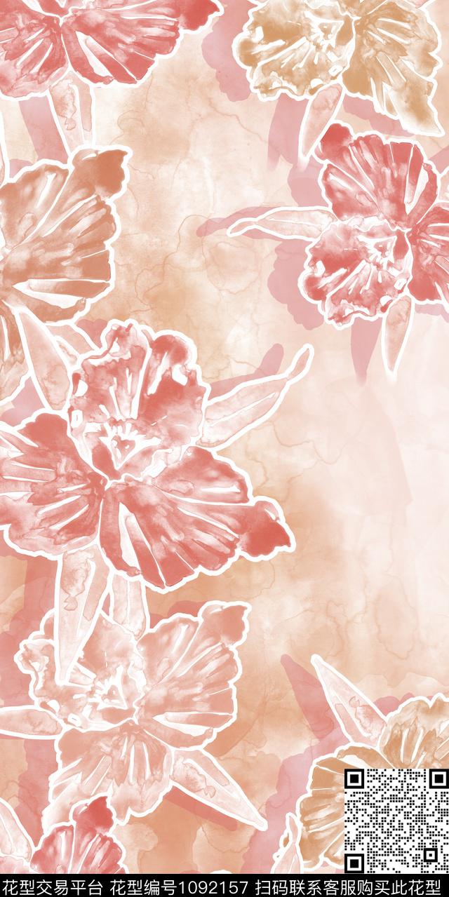 大花水彩花卉花卉数码印花华亿平台下载（图片编号: 1092157） - 瓦栏（Walan）