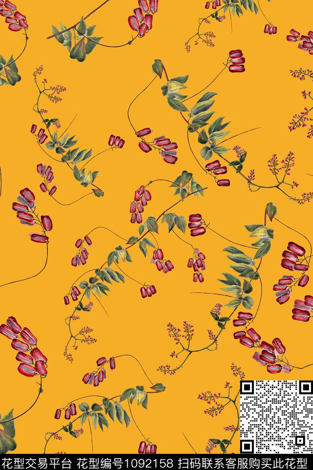 手绘花卉女装绿植树叶数码印花华亿平台下载（图片编号: 1092158） - 瓦栏（Walan）