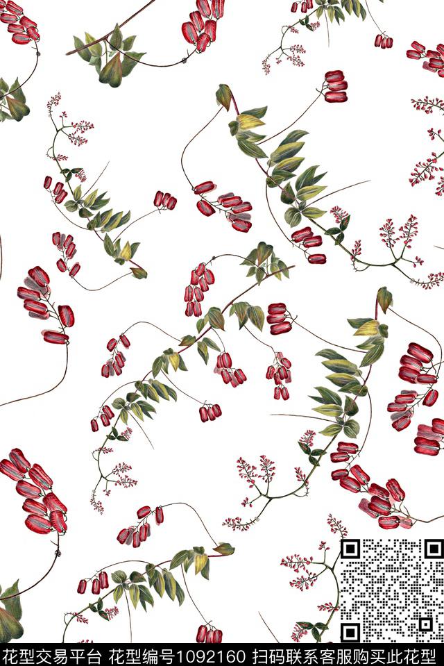 手绘花卉女装绿植树叶数码印花华亿平台下载（图片编号: 1092160） - 瓦栏（Walan）