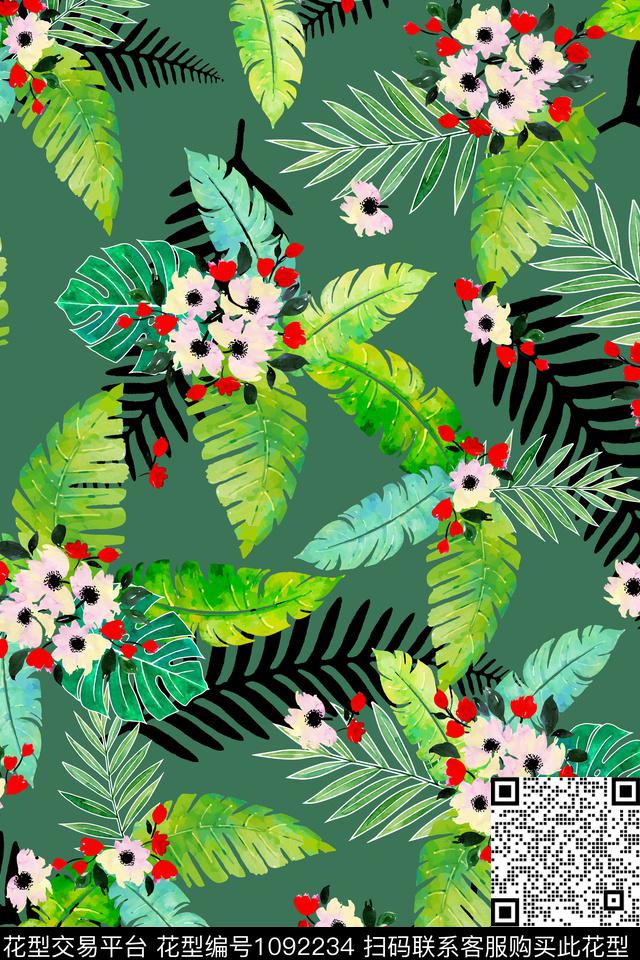 春夏华亿平台绿植树叶水彩肌理数码印花华亿平台下载（图片编号: 1092234） - 瓦栏（Walan）