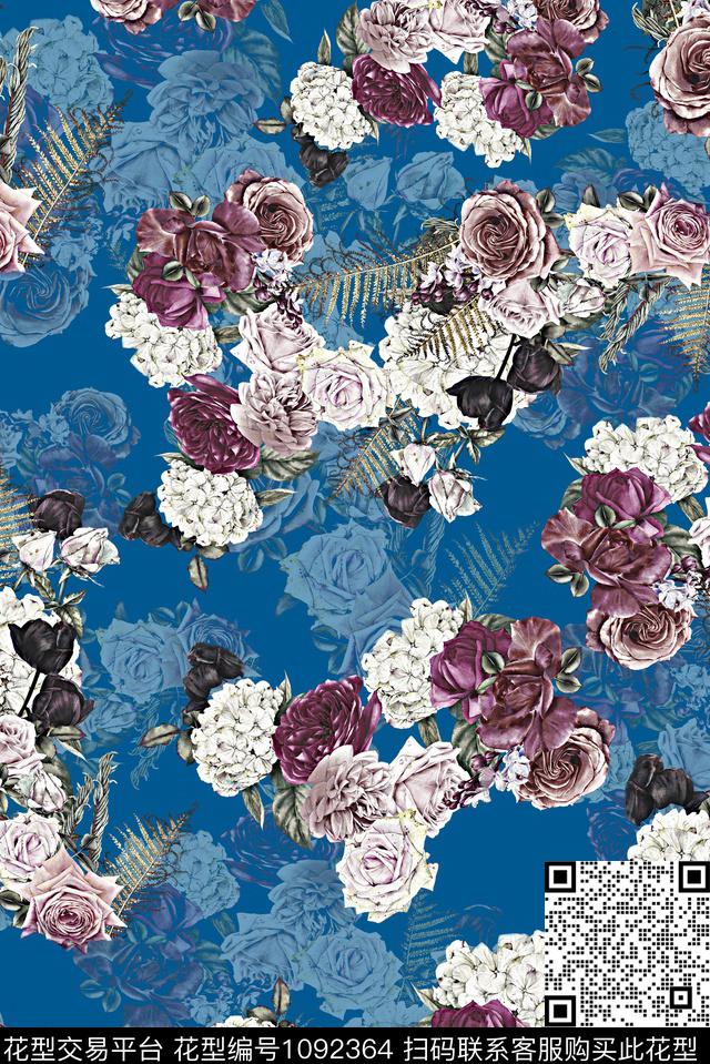 手绘花卉女装玫瑰花数码印花华亿平台下载（图片编号: 1092364） - 瓦栏（Walan）