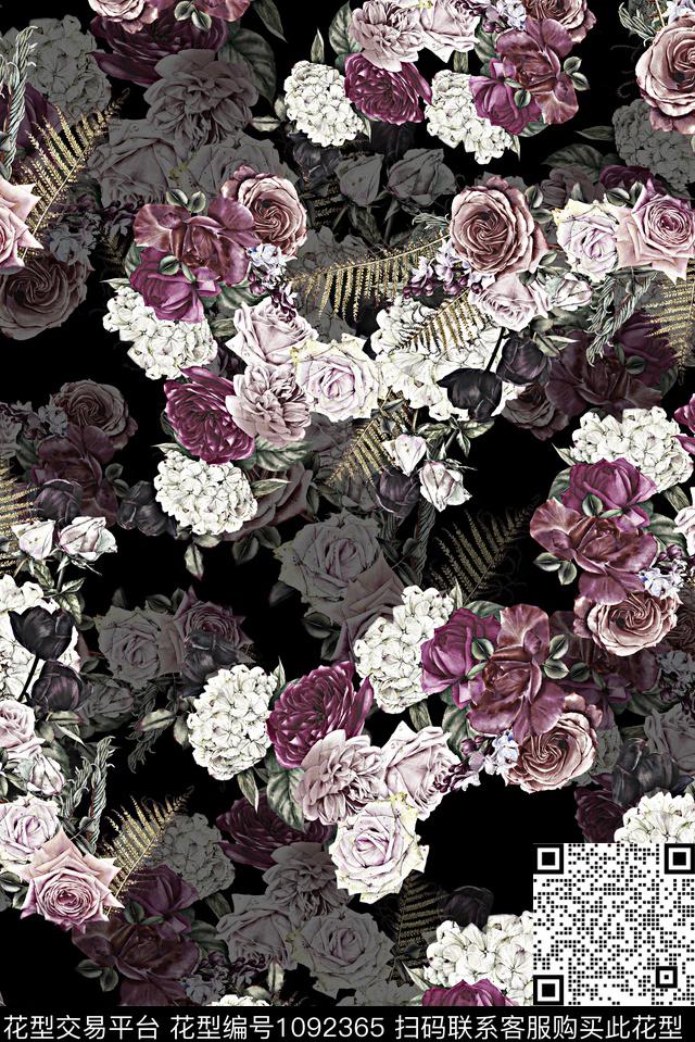 手绘花卉女装玫瑰花数码印花华亿平台下载（图片编号: 1092365） - 瓦栏（Walan）