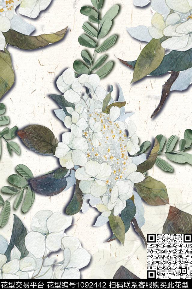 白色花朵日系文艺范花鸟数码印花华亿平台下载（图片编号: 1092442） - 瓦栏（Walan）