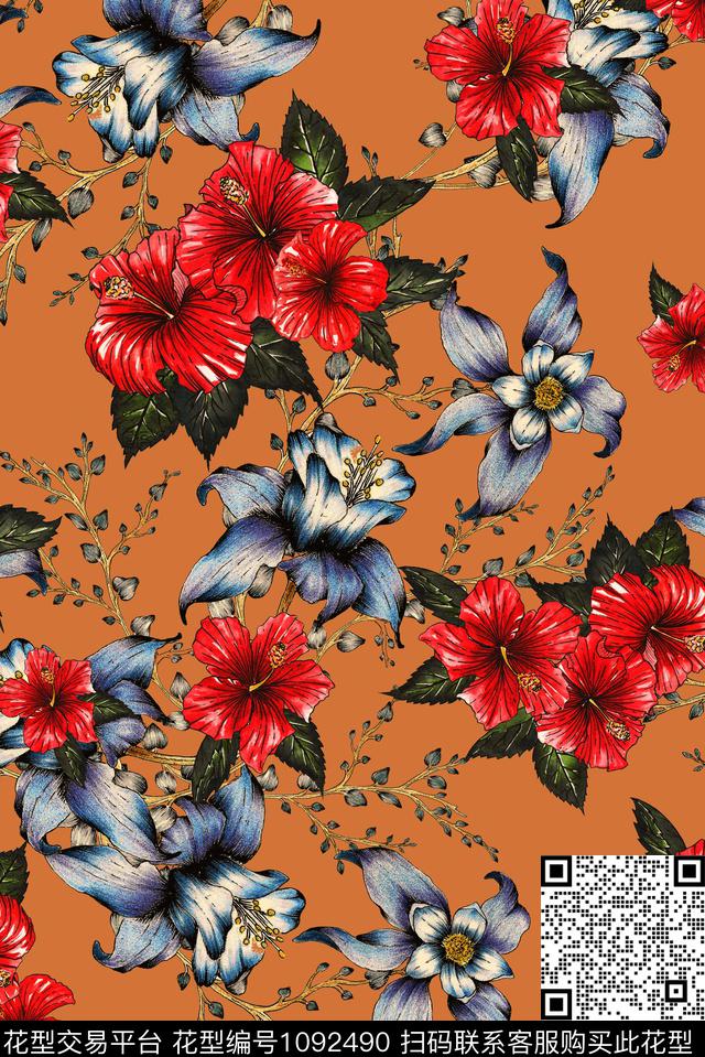 植物花卉清爽底花卉数码印花华亿平台下载（图片编号: 1092490） - 瓦栏（Walan）