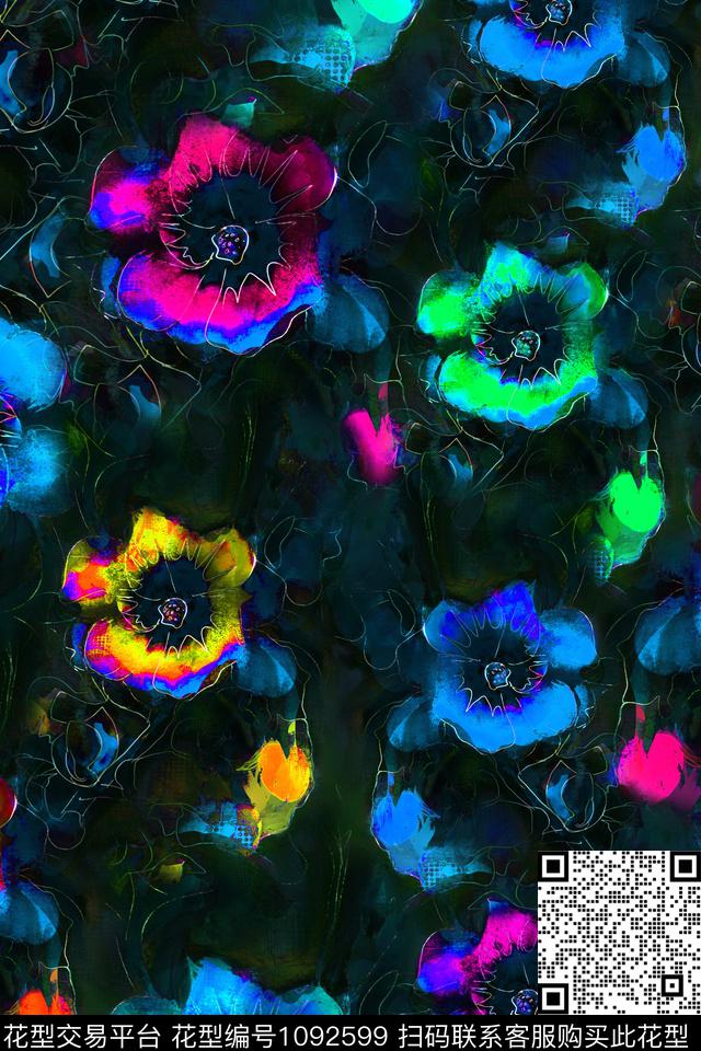 抽象花卉线条花卉女装数码印花华亿平台下载（图片编号: 1092599） - 瓦栏（Walan）