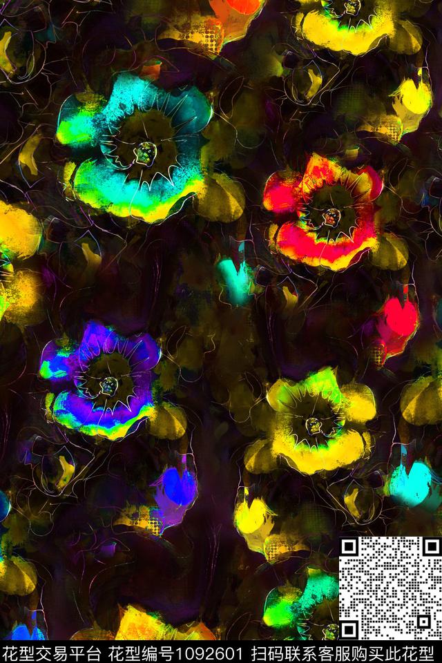 抽象花卉线条花卉女装数码印花华亿平台下载（图片编号: 1092601） - 瓦栏（Walan）