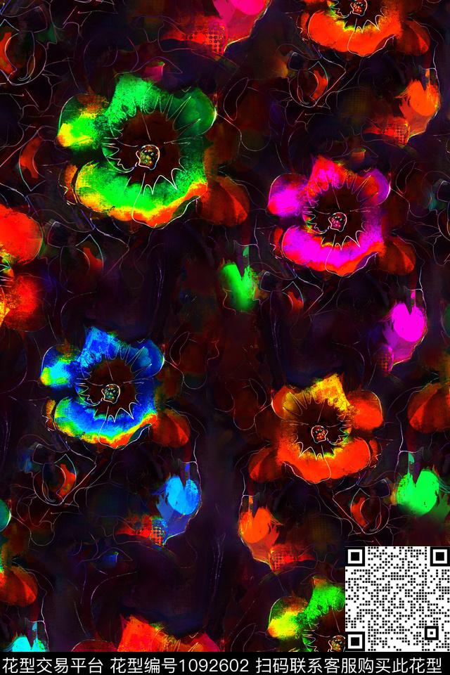 抽象花卉线条花卉女装数码印花华亿平台下载（图片编号: 1092602） - 瓦栏（Walan）